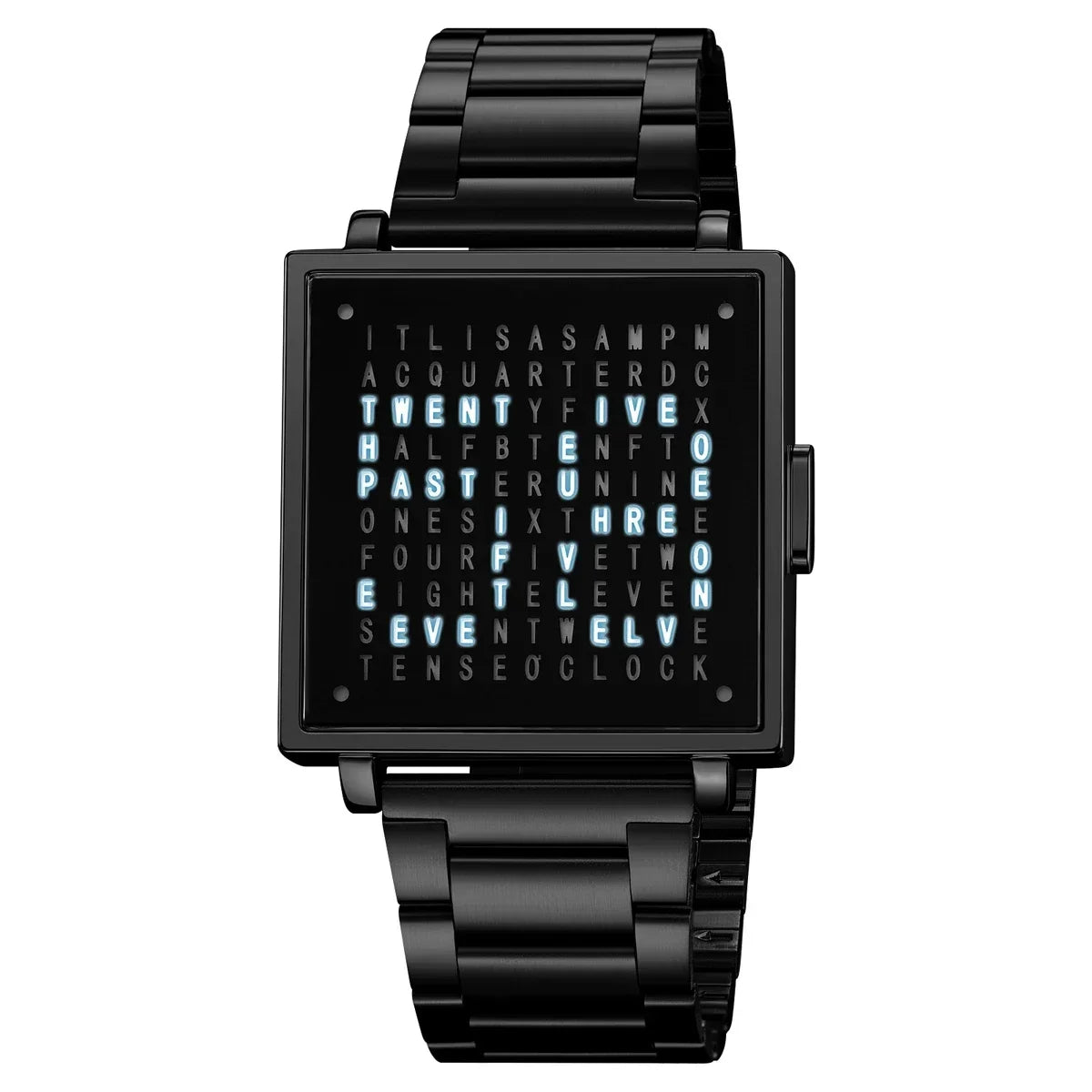 Black digital watch with steel bracelet