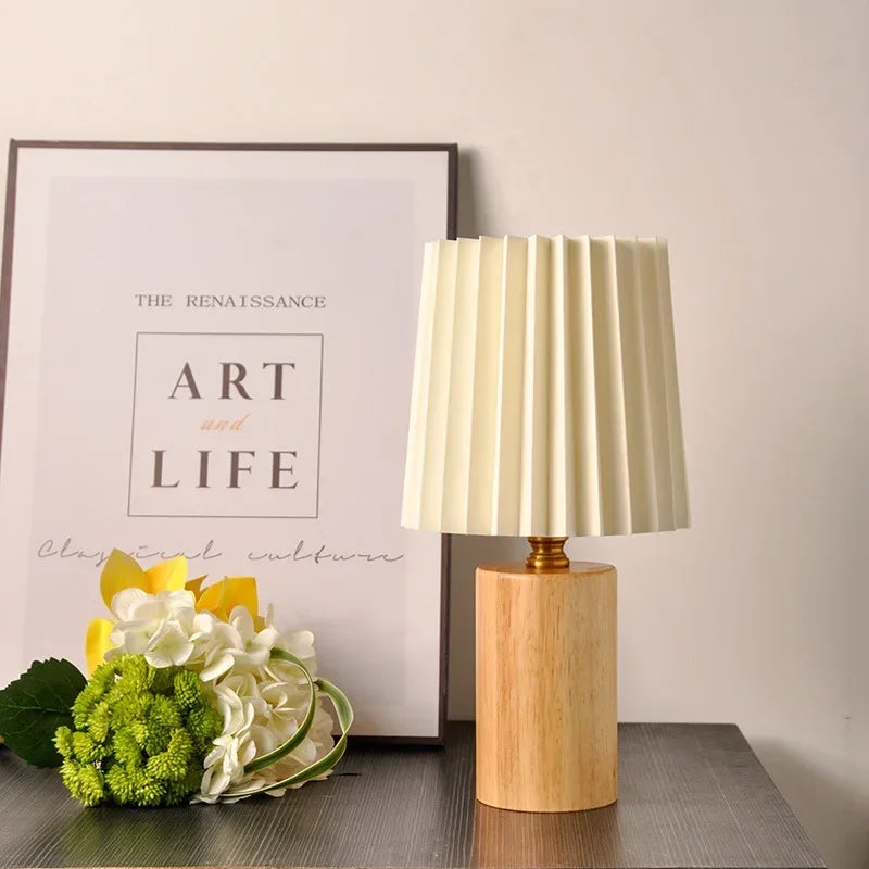Pleated Shade Table Lamp with Wood Base