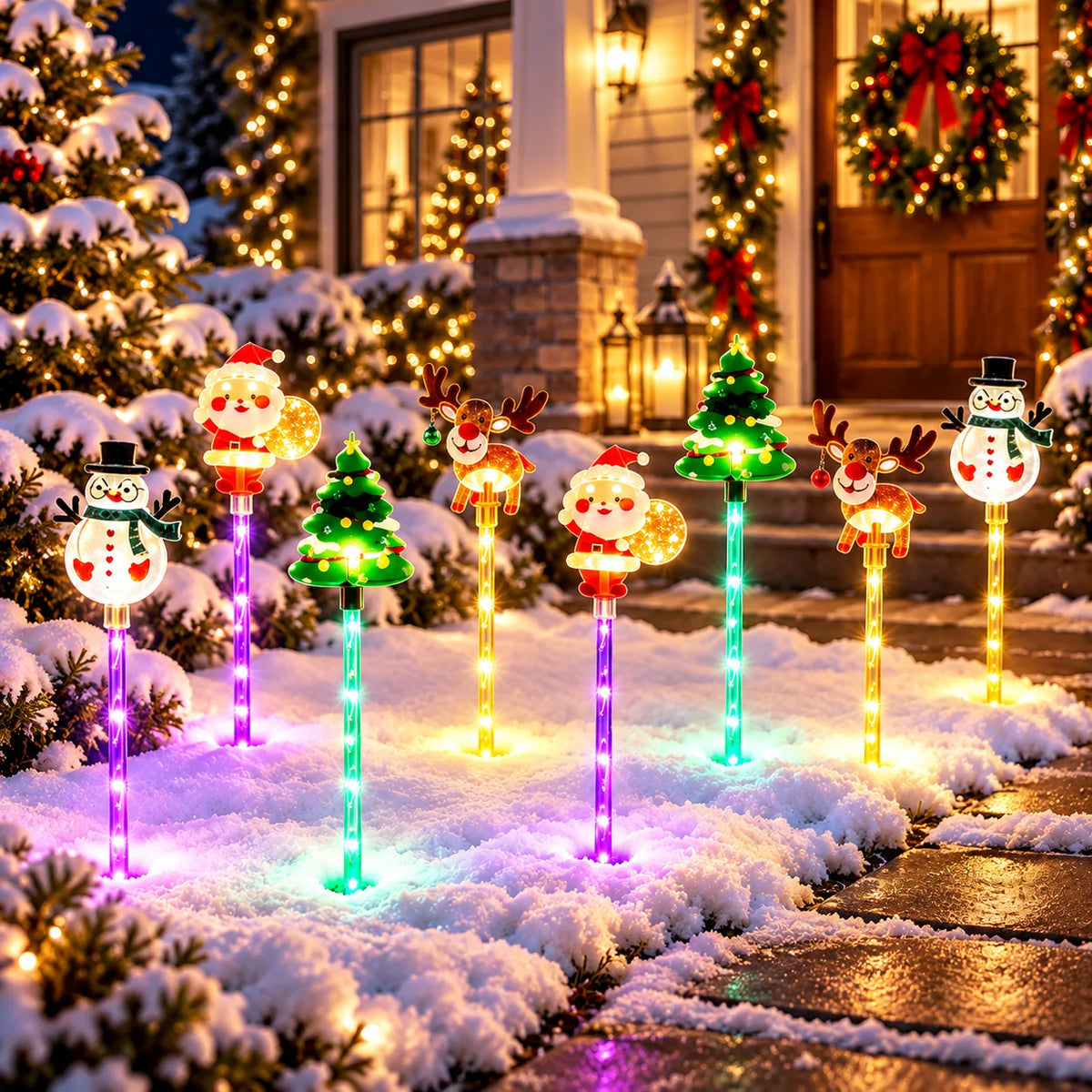 Solar Christmas stake lights glowing along a snowy walkway