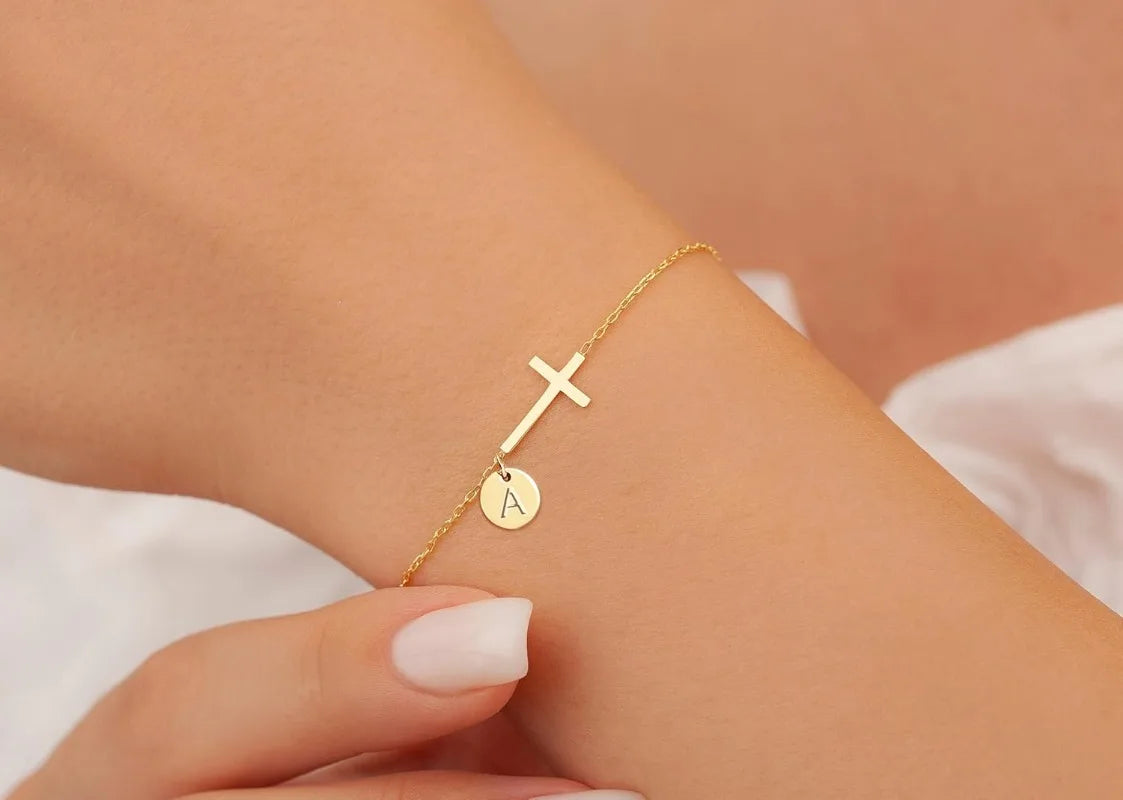 Cross and Initial Chain Bracelet