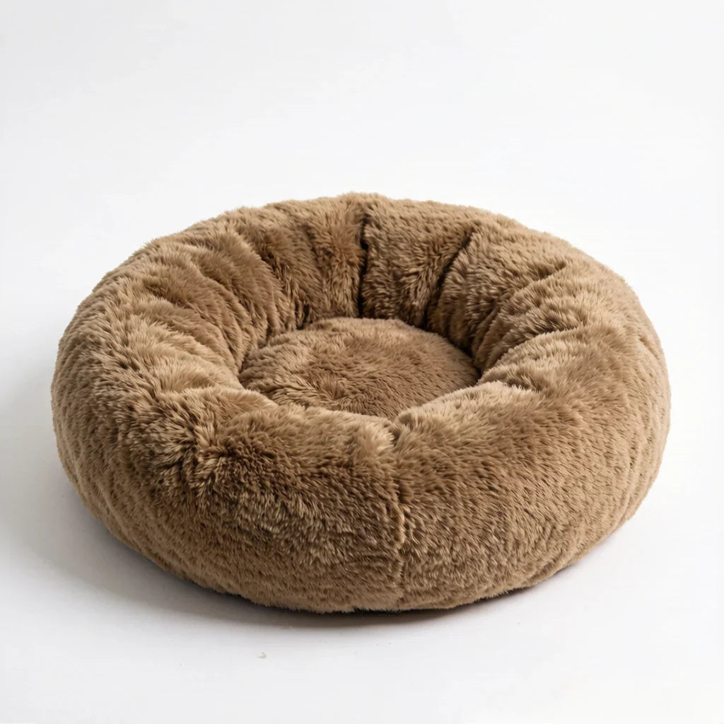 Brown plush donut pet bed