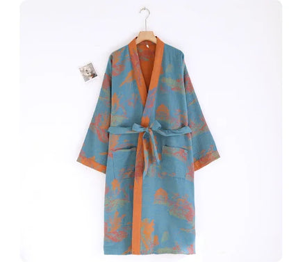Cotton gauze kimono robe in Teal Leaf