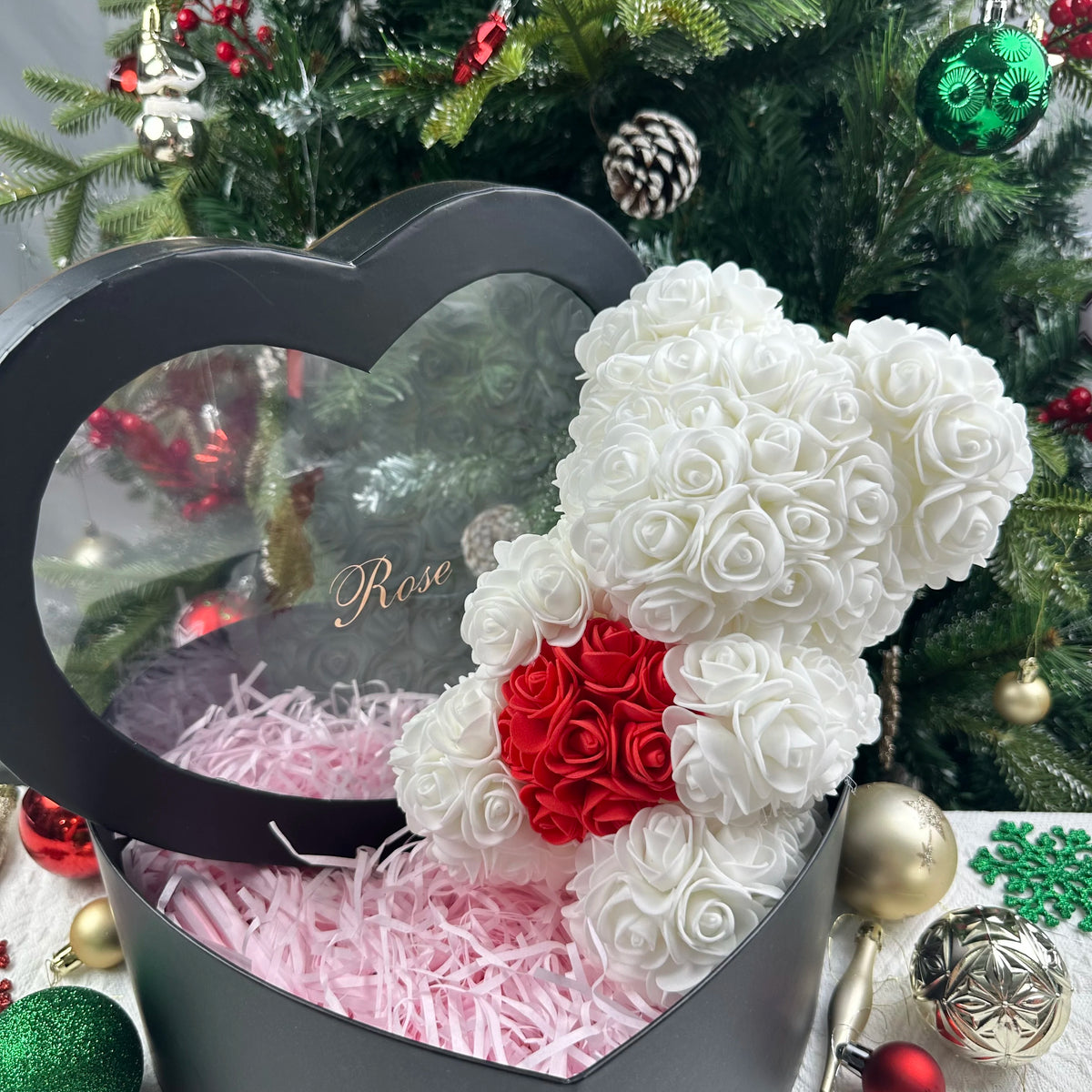 White with Red Heart foam rose bear