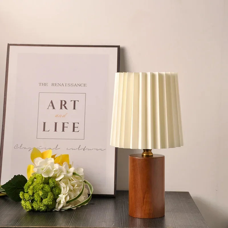 Pleated Shade Table Lamp with Wood Base