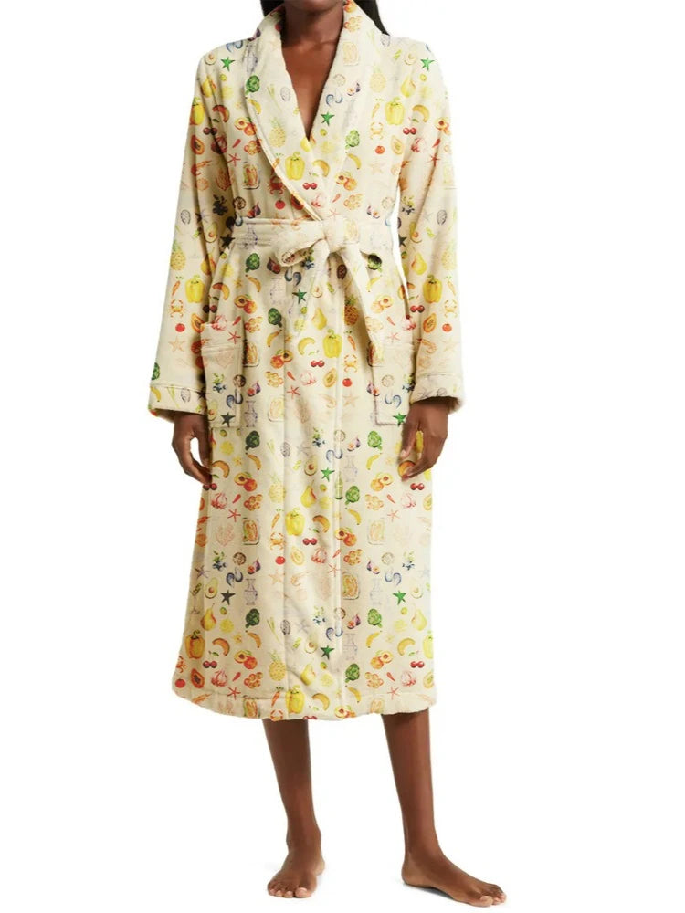 Fruit Print Tie-Waist Bathrobe