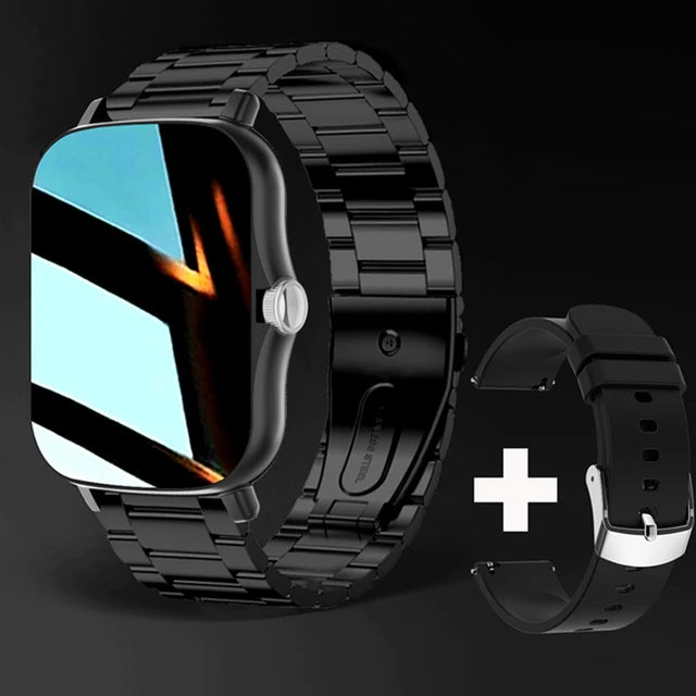 Black smartwatch with steel band