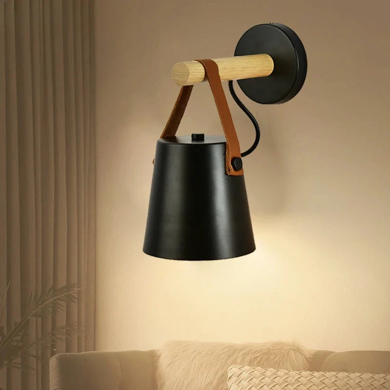 Nordic Wood & Leather Hanging Wall Lamp