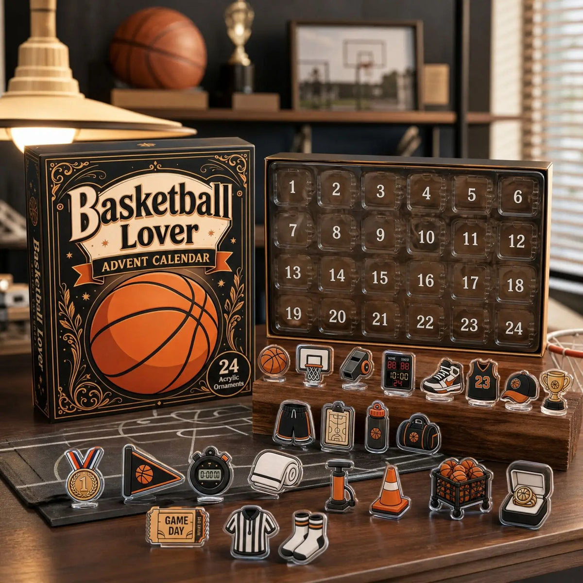 Basketball advent calendar opened on a shelf