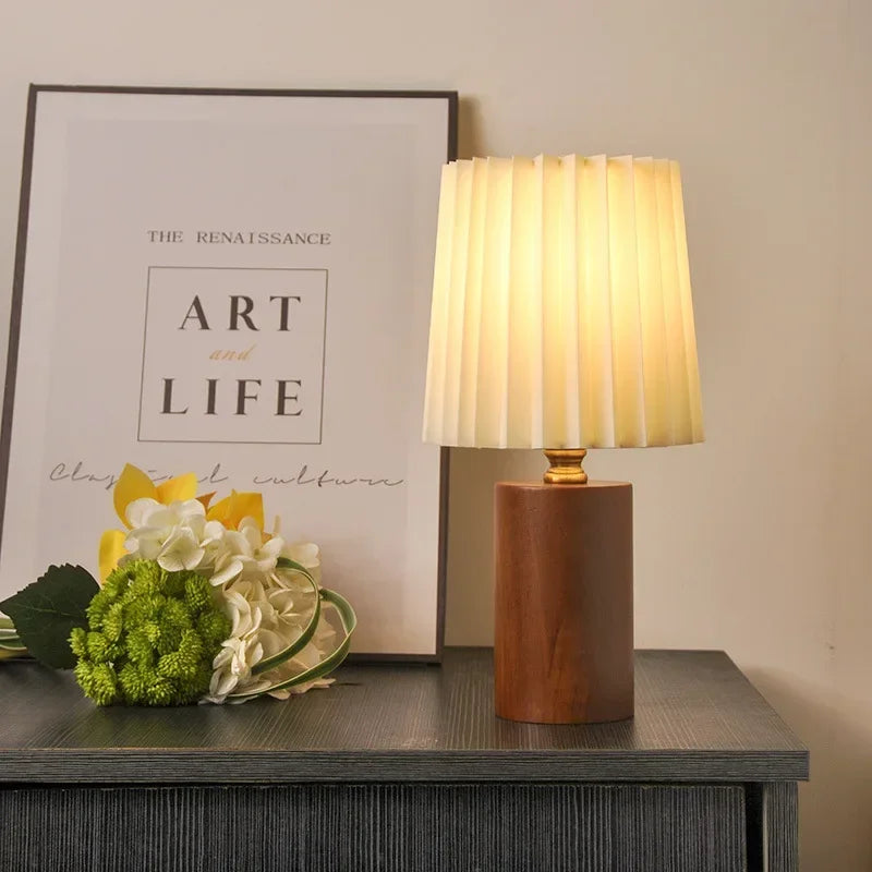 Pleated Shade Table Lamp with Wood Base
