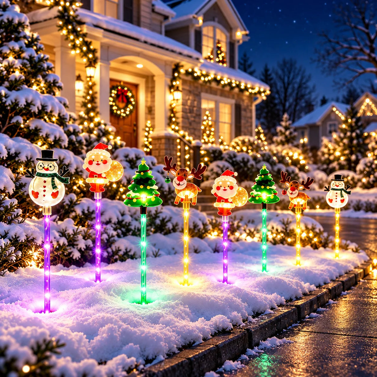 Solar Christmas stake lights lining a front yard at night