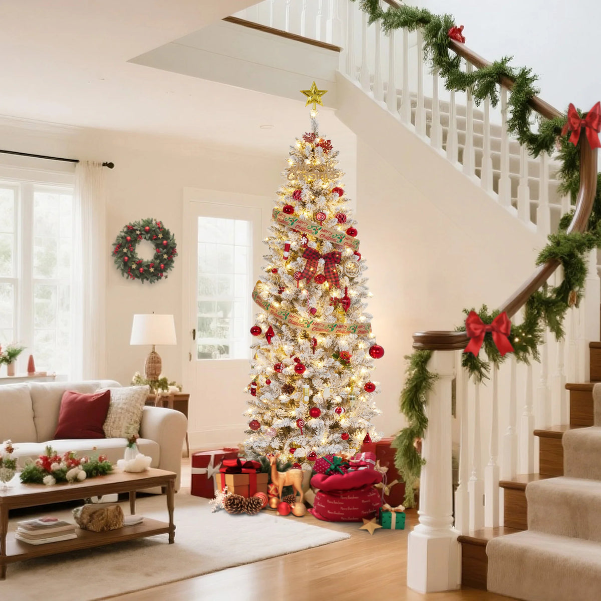 Pre-Lit Snow Flocked Slim Pencil Christmas Tree