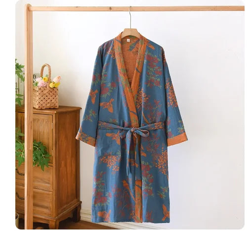 Cotton gauze kimono robe in Teal Bloom