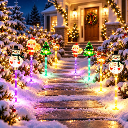 Solar Christmas stake lights along front steps
