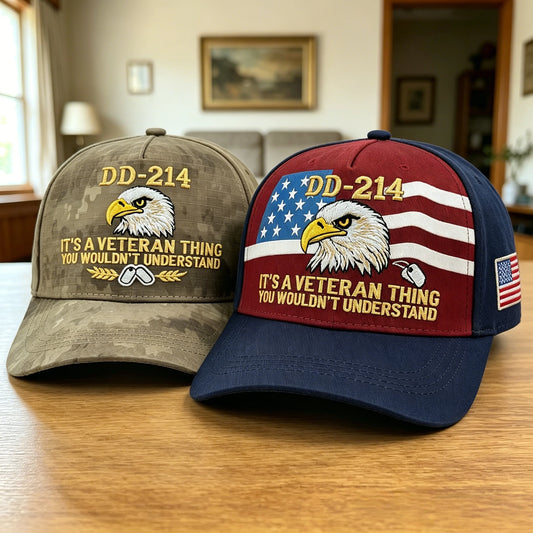 Embroidered veteran caps in camo and navy blue