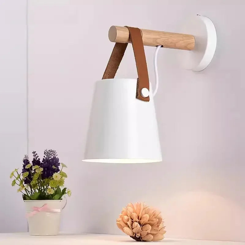 Nordic Wood & Leather Hanging Wall Lamp