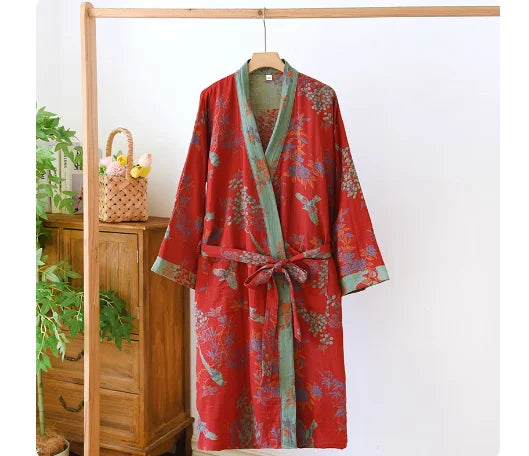 Cotton gauze kimono robe in Crimson Garden