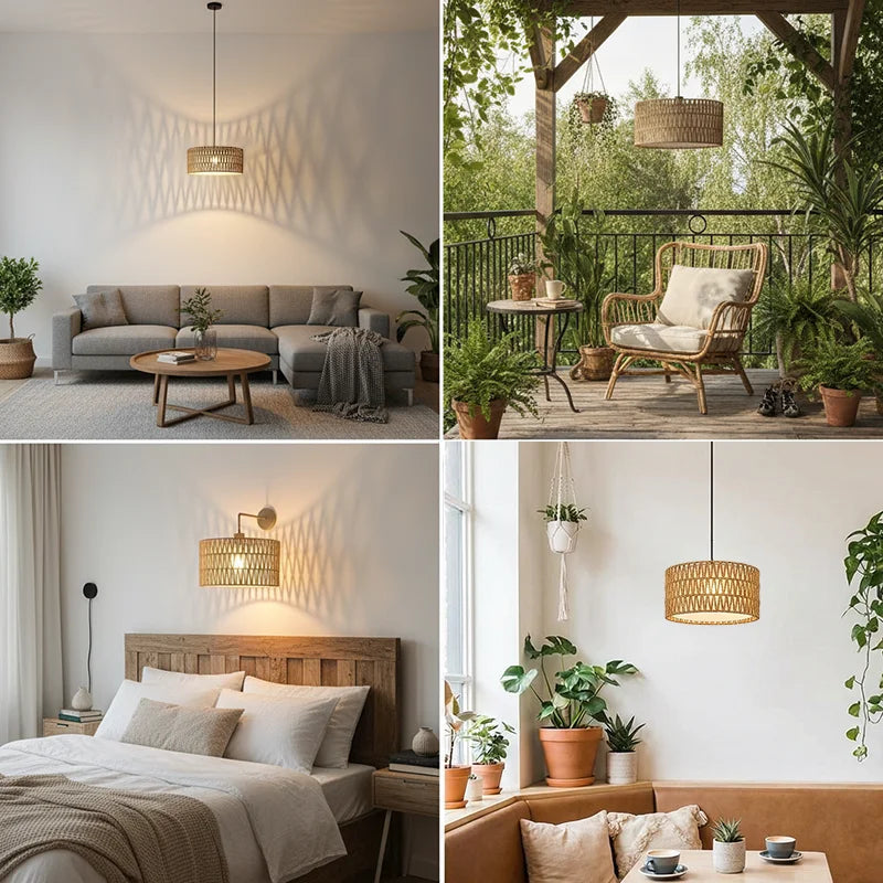 Woven drum lamp shade styled in living room, patio and bedroom