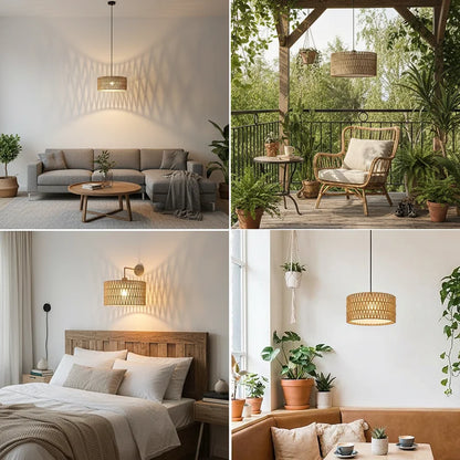 Woven drum lamp shade styled in living room, patio and bedroom