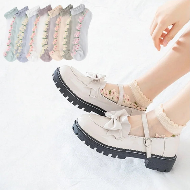 Sheer crystal lace trim ankle socks