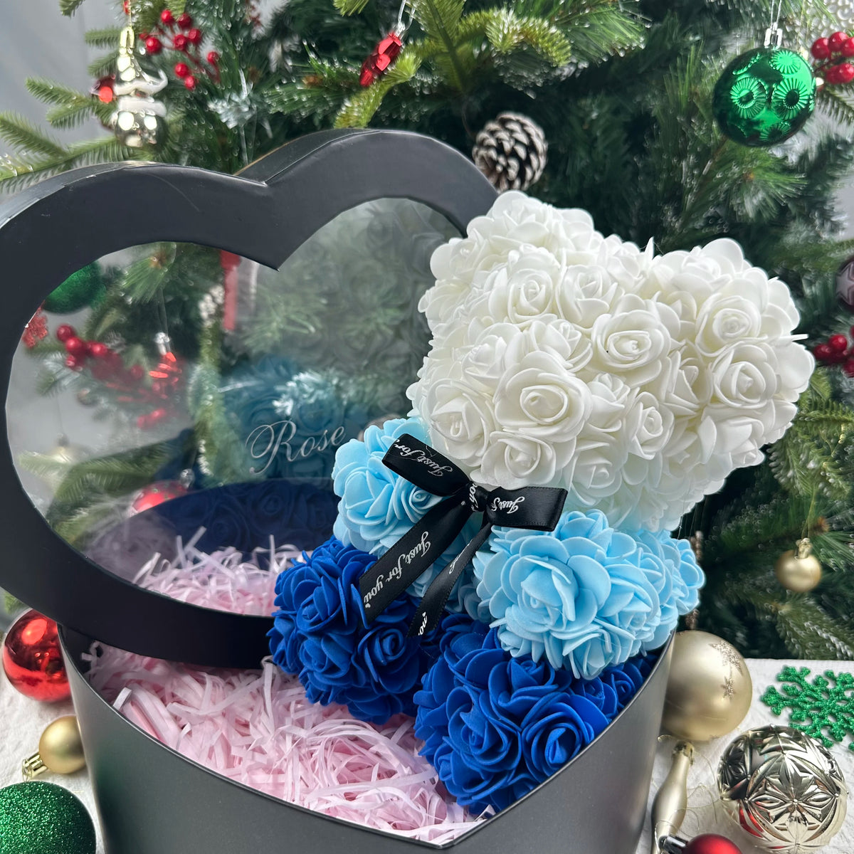 White & Blue foam rose bear