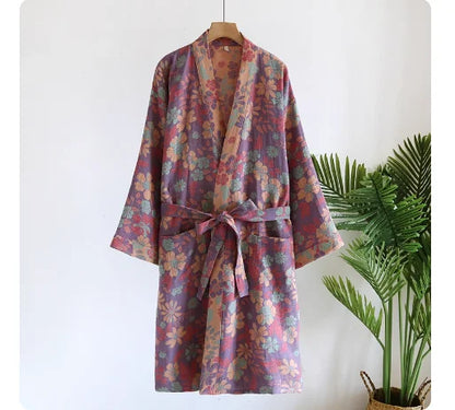 Cotton gauze kimono robe in Plum Meadow