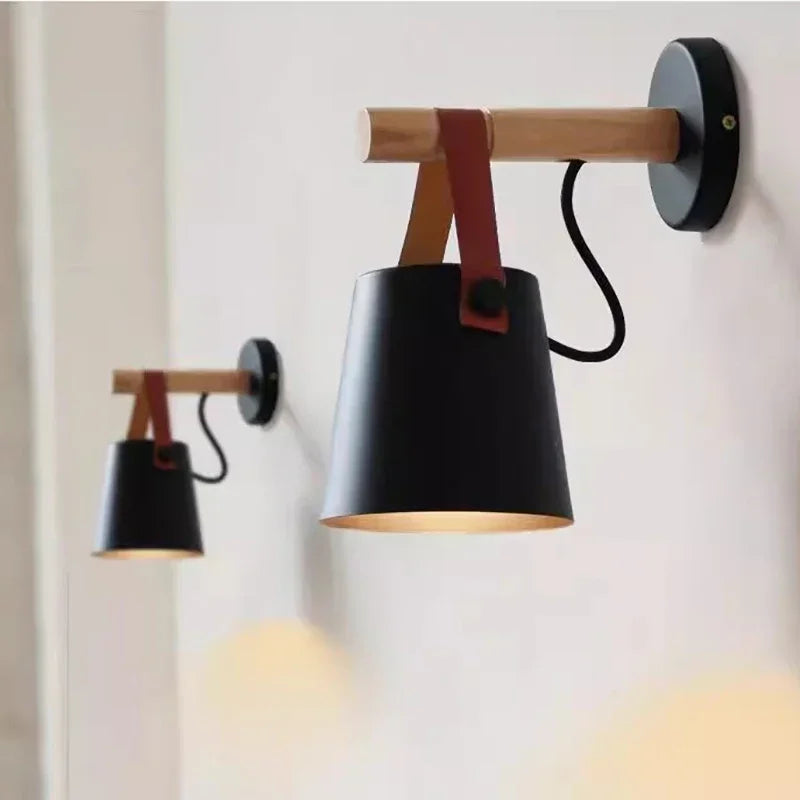 Nordic Wood & Leather Hanging Wall Lamp