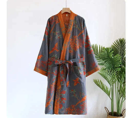 Cotton gauze kimono robe in Charcoal Bloom
