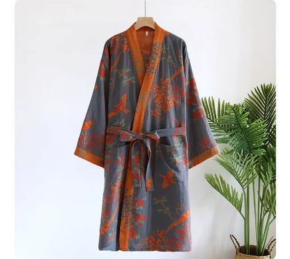 Cotton gauze kimono robe in Charcoal Bloom