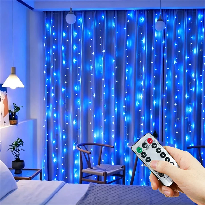 Blue curtain fairy lights