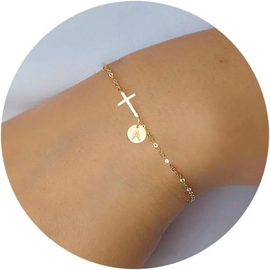 Cross and Initial Chain Bracelet