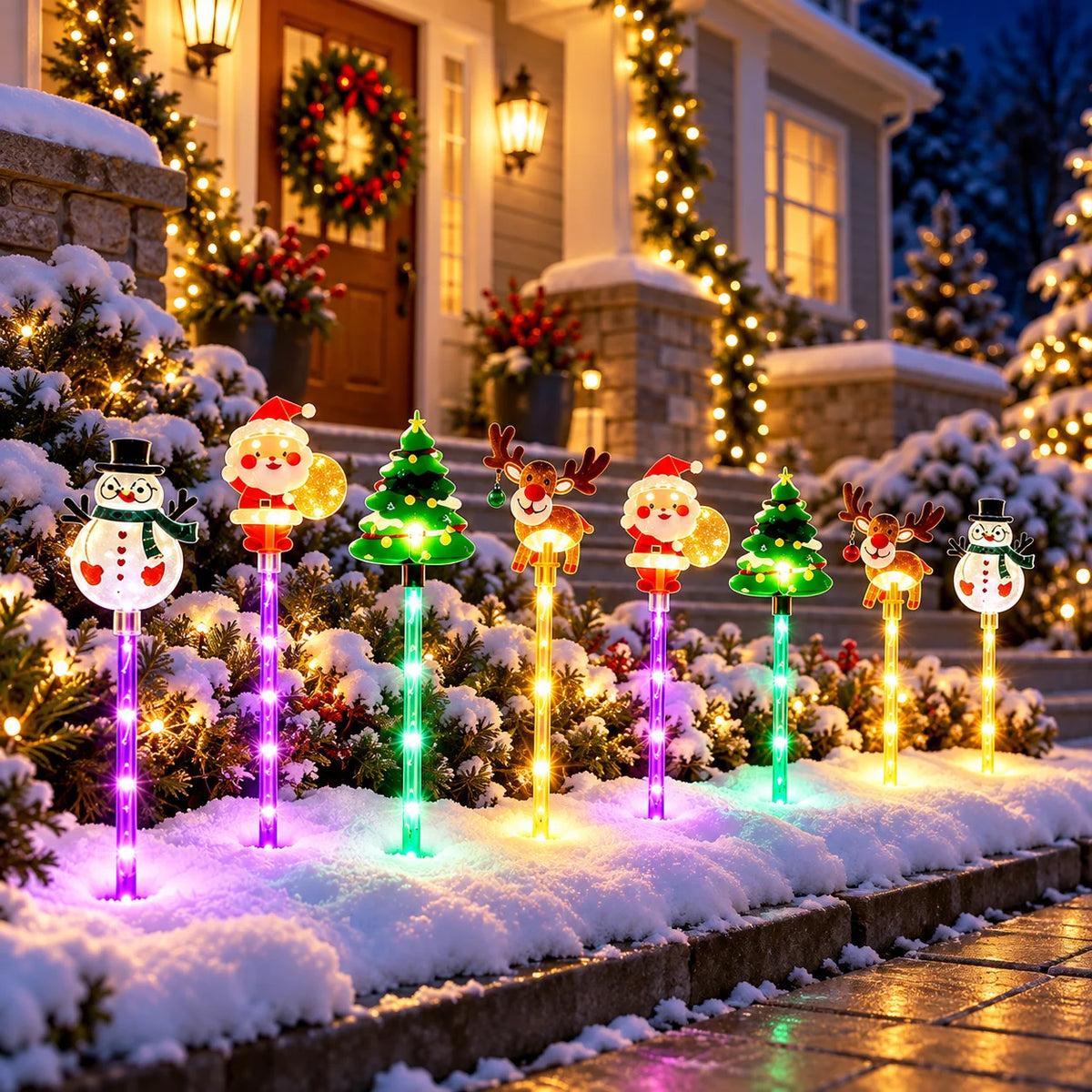 Solar Christmas stake lights in a snowy garden