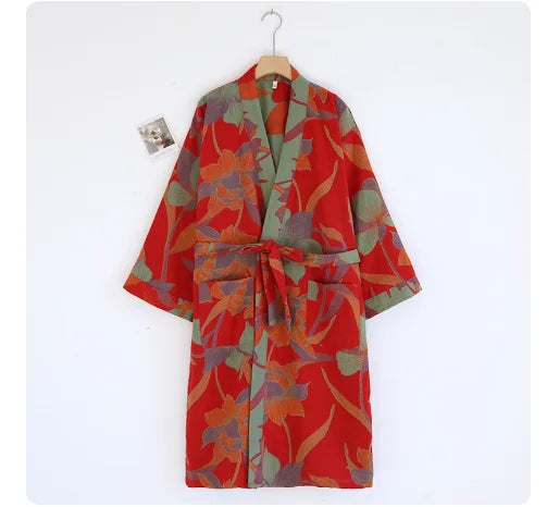 Cotton gauze kimono robe in Scarlet Leaf