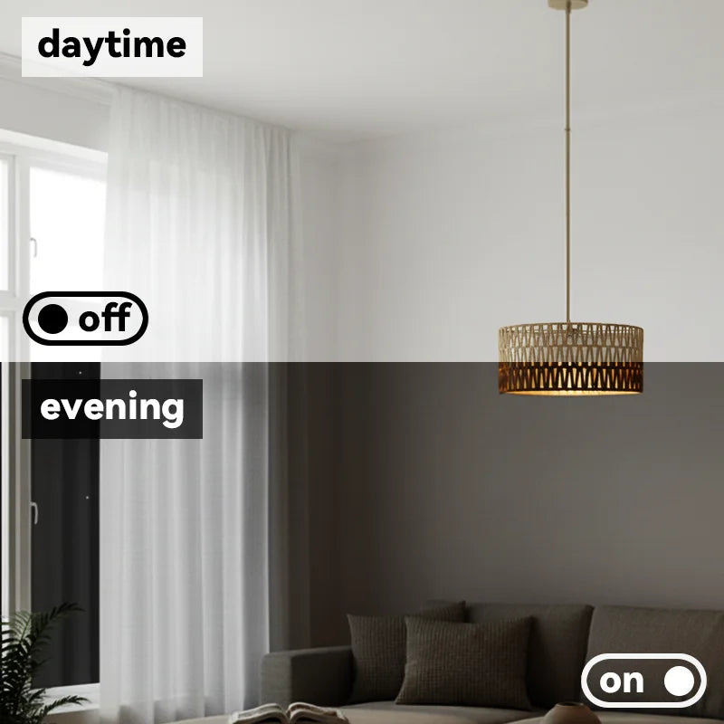 Woven drum shade as a pendant, day and evening