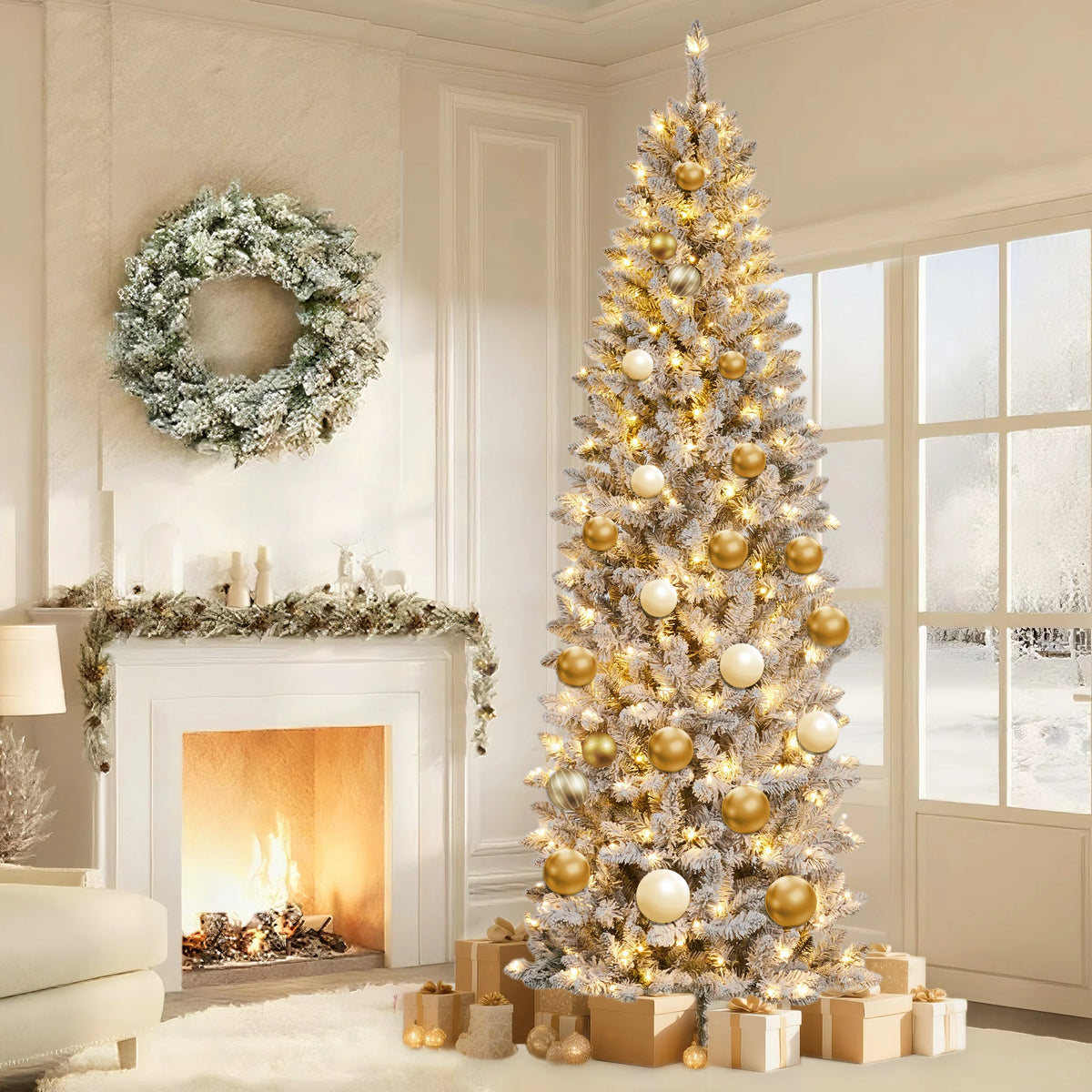 Pre-Lit Snow Flocked Slim Pencil Christmas Tree