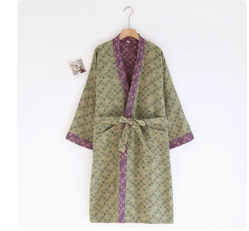 Cotton gauze kimono robe in Sage Paisley