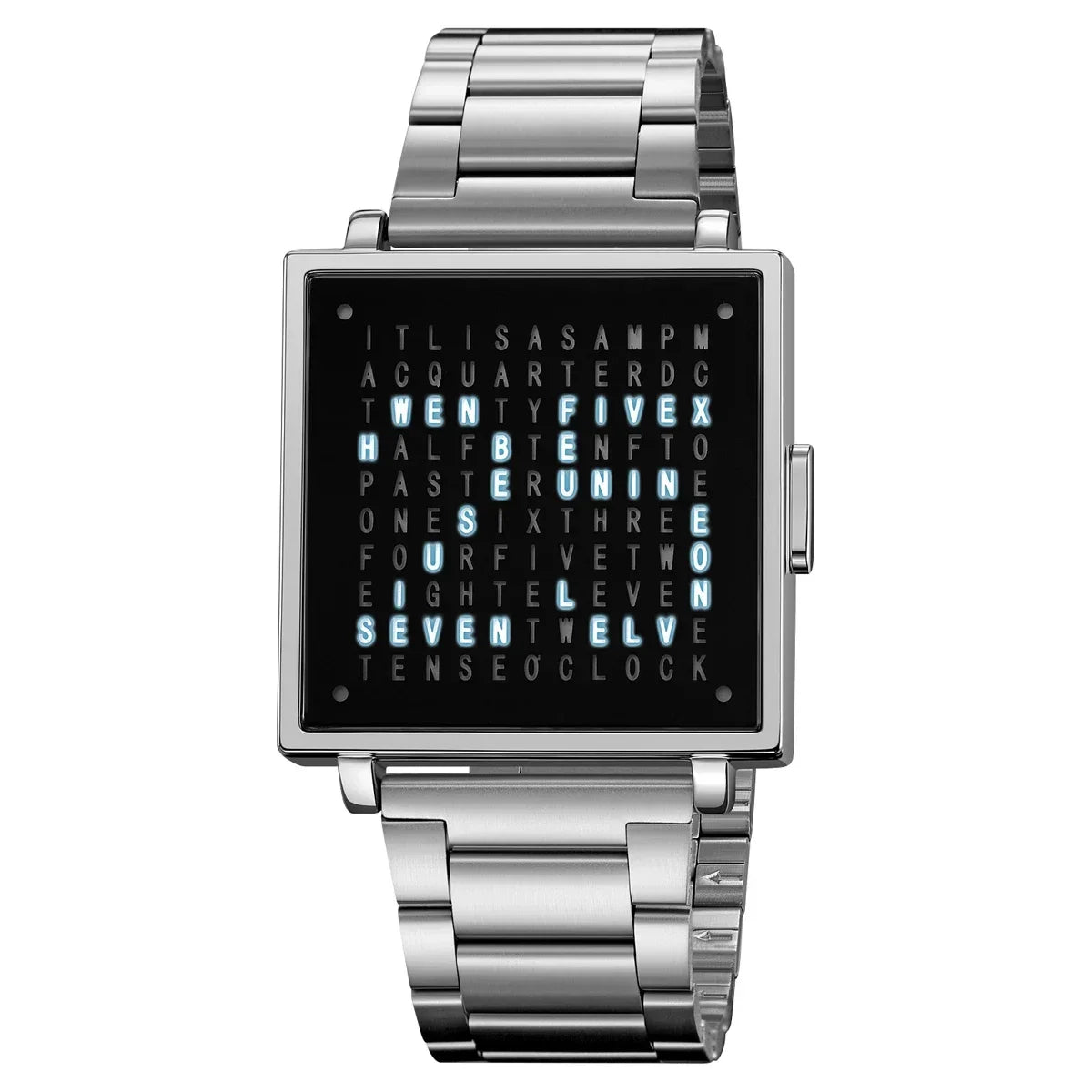 Silver digital watch with steel bracelet
