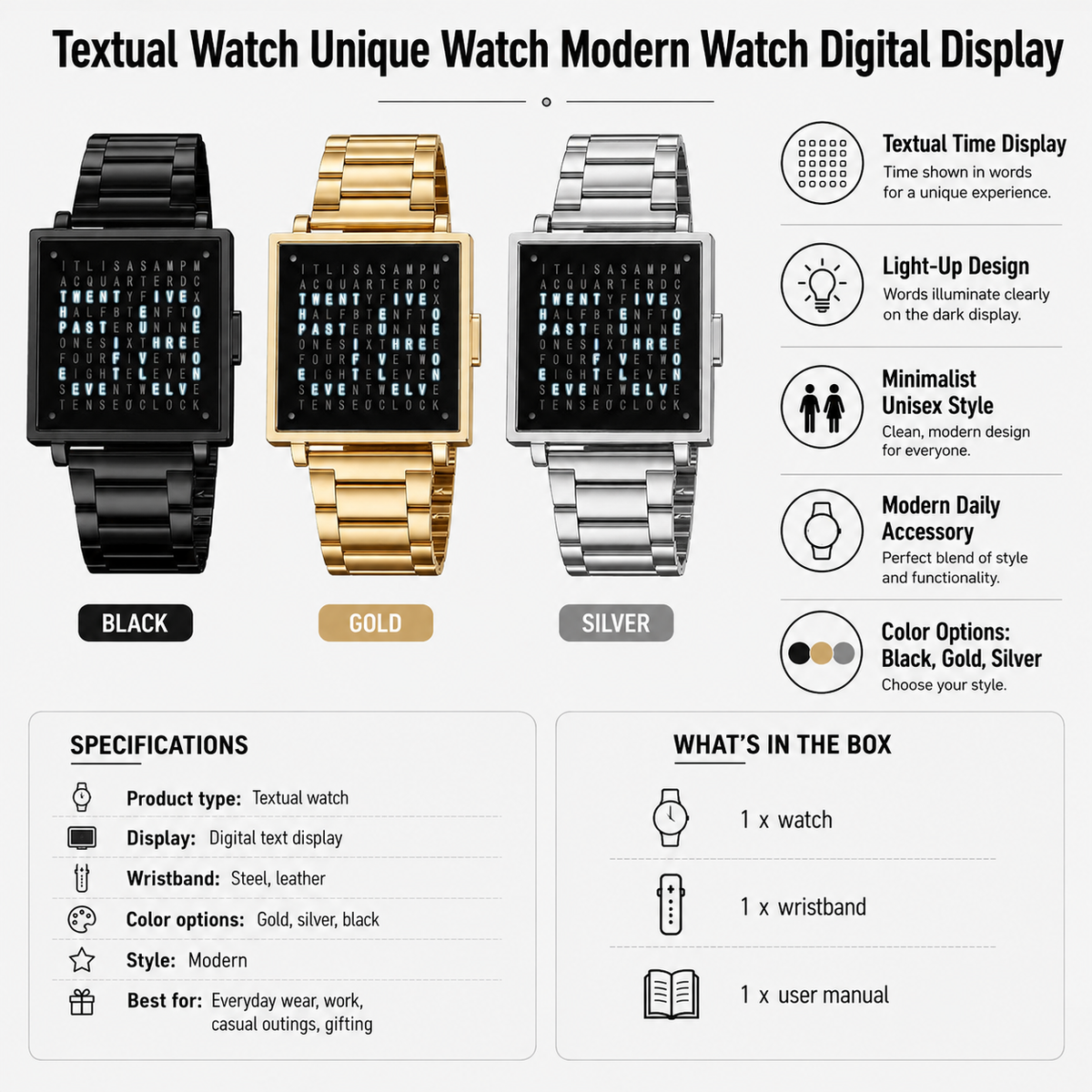 Textual Digital Display Watch