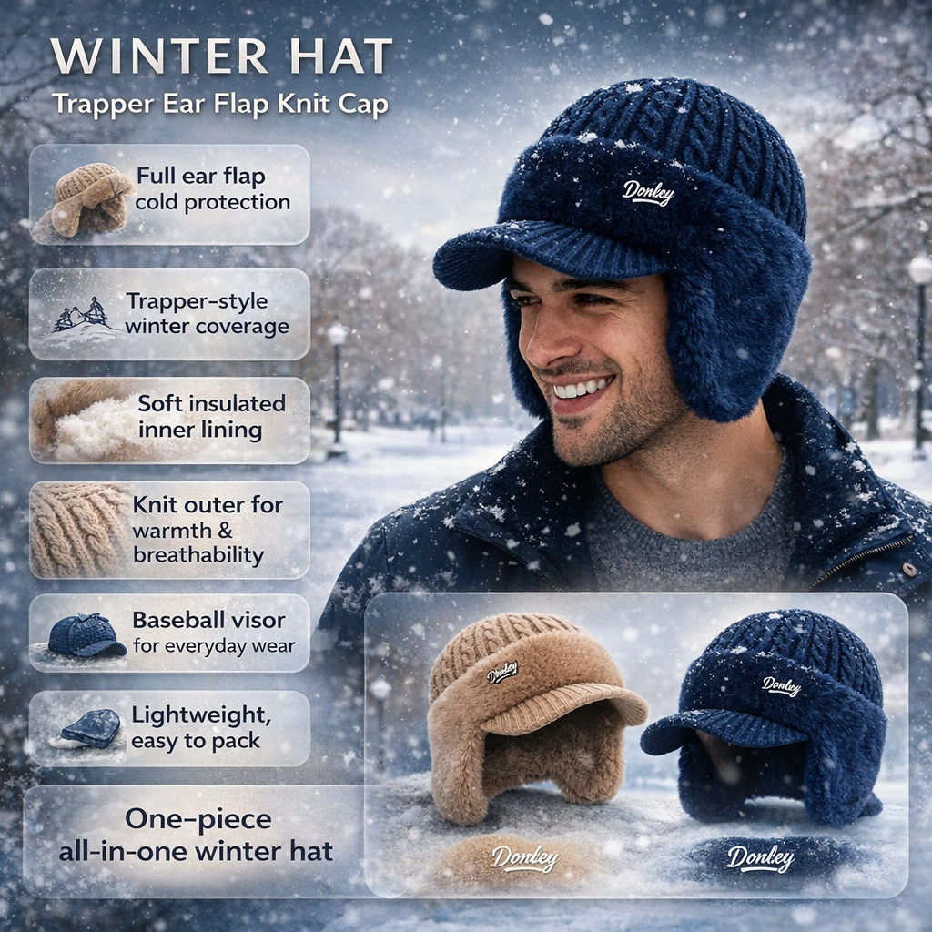 Cozy Crest Knit Trapper Hat with Ear Flaps - Warm Winter Hat with Ear & Neck Coverage, 7 Colors, Unisex Cold Weather