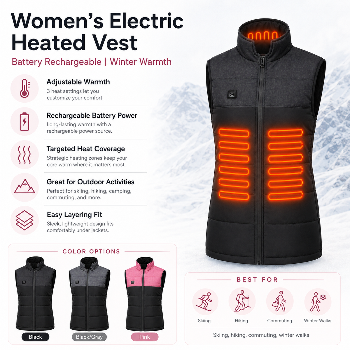 Cozy Crest Women's Rechargeable Heated Vest - USB Battery Heated Body Warmer, S to 3XL, Multiple Colors, Winter Outdoor Wear