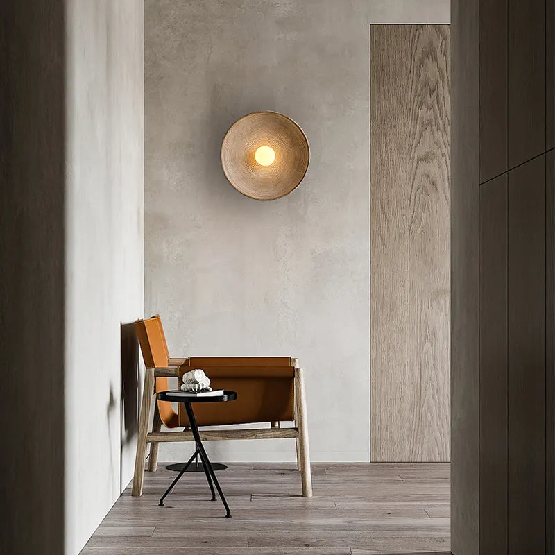 Rustic Round Wall Sconce with Wood-Grain Finish