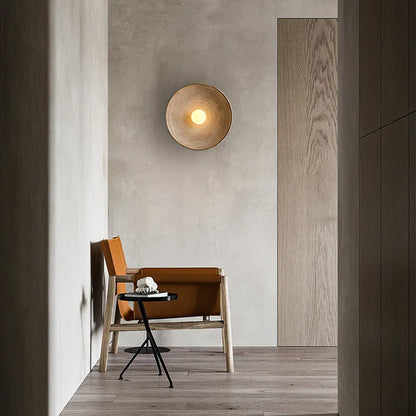 Rustic Round Wall Sconce with Wood-Grain Finish