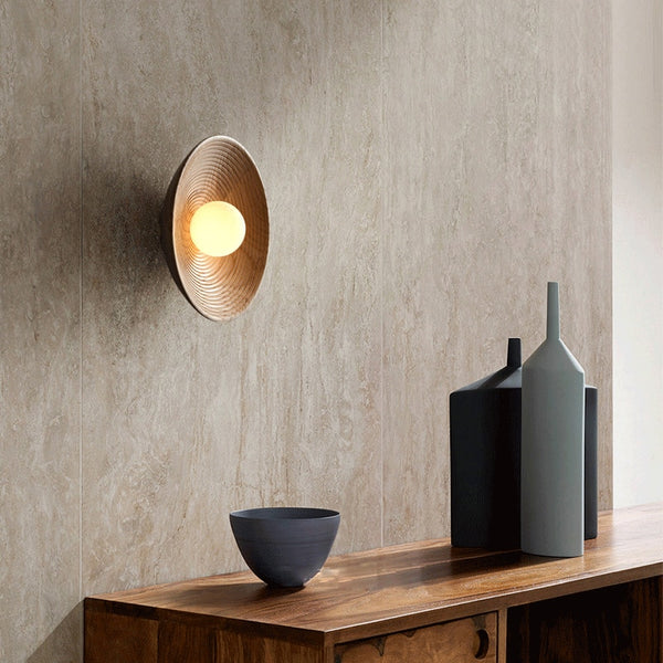 Rustic Round Wall Sconce with Wood-Grain Finish