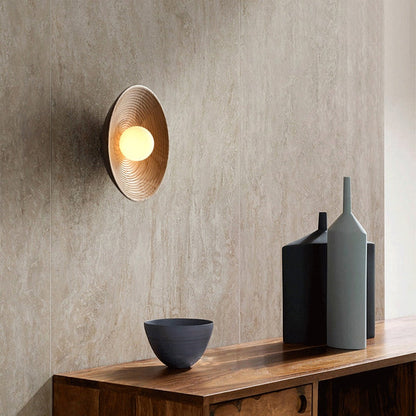 Rustic Round Wall Sconce with Wood-Grain Finish