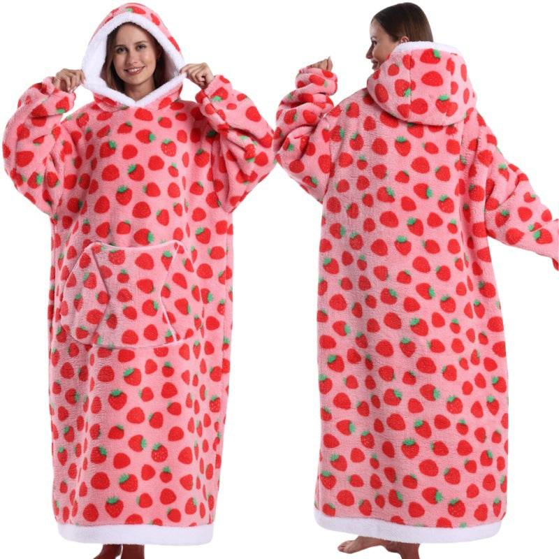 Fleece wearable blanket hoodie, Pink Strawberry print