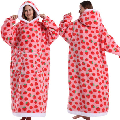 Fleece wearable blanket hoodie, Pink Strawberry print