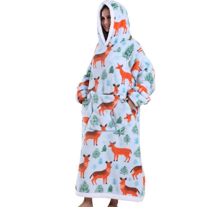 Fleece wearable blanket hoodie, forest deer print