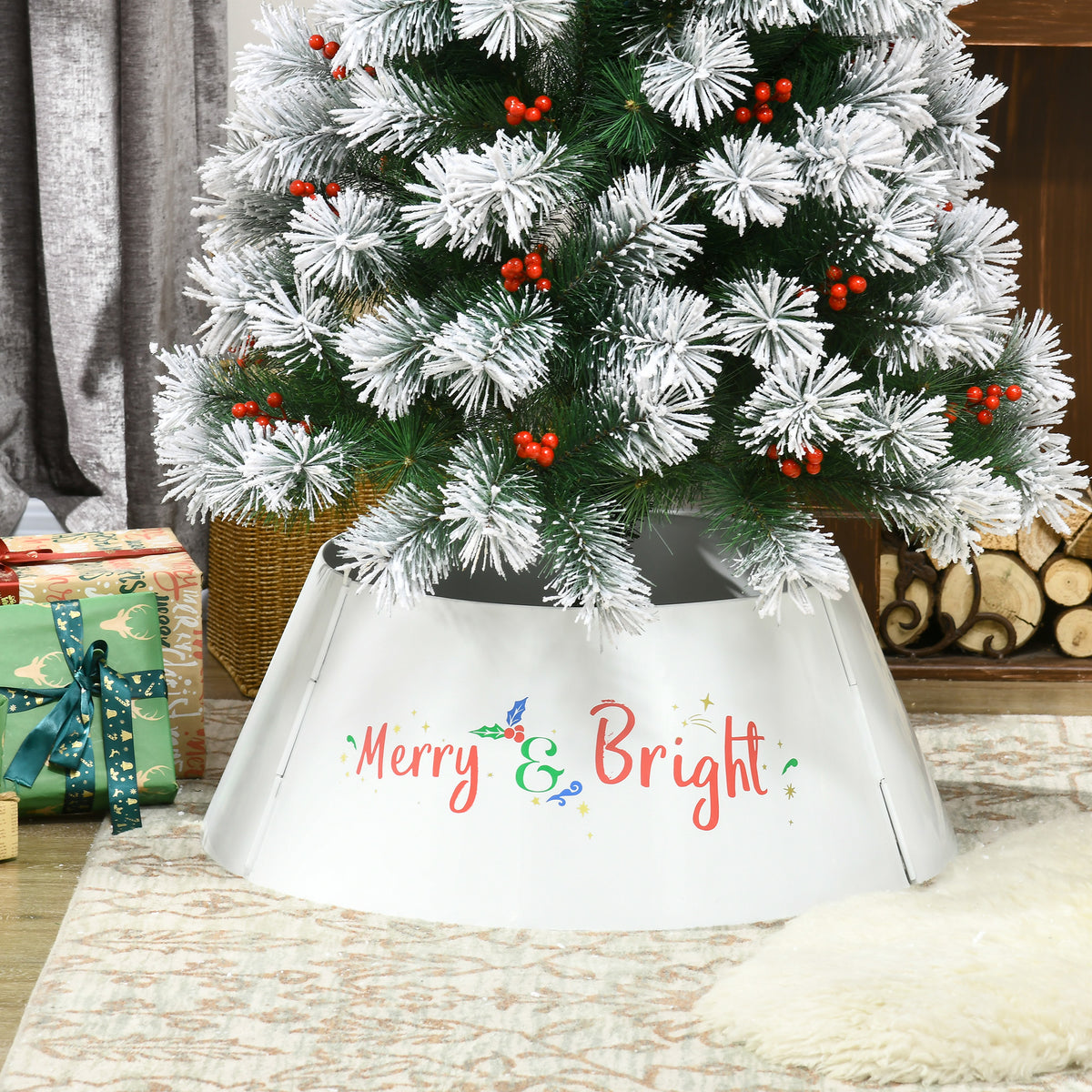 White metal Christmas tree collar with Merry and Bright lettering