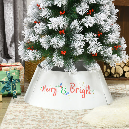 White metal Christmas tree collar with Merry and Bright lettering