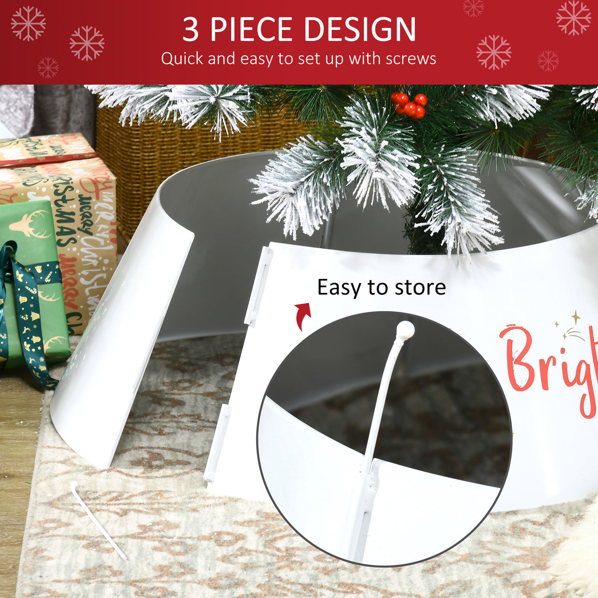 White metal Christmas tree collar with Merry and Bright lettering