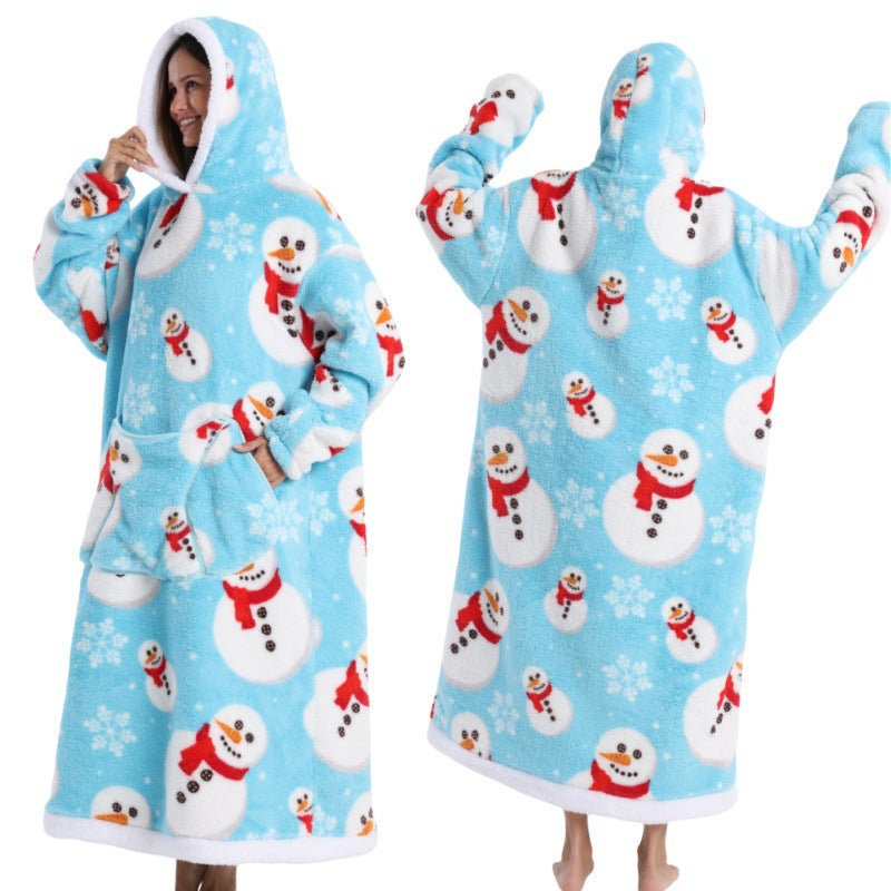 Fleece wearable blanket hoodie, snowman on blue background print